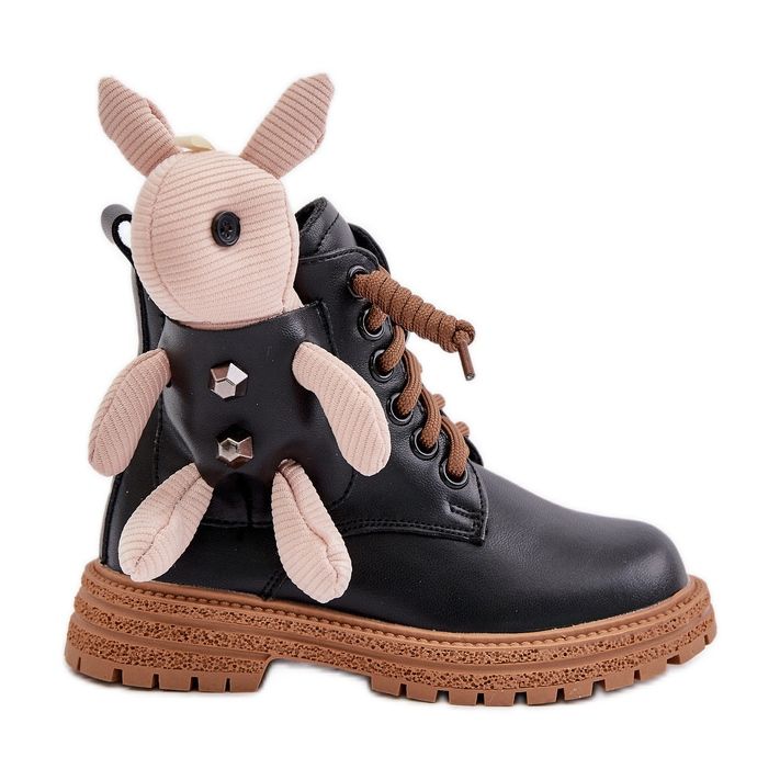 Botins infantis quentes de couro com zíper e ursinho de pelúcia Vinceza 36261 Preto