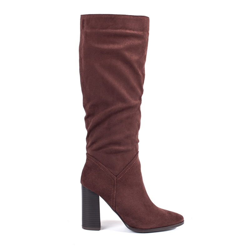 Botas femininas de camurça marrom com salto alto acima do joelho castanho