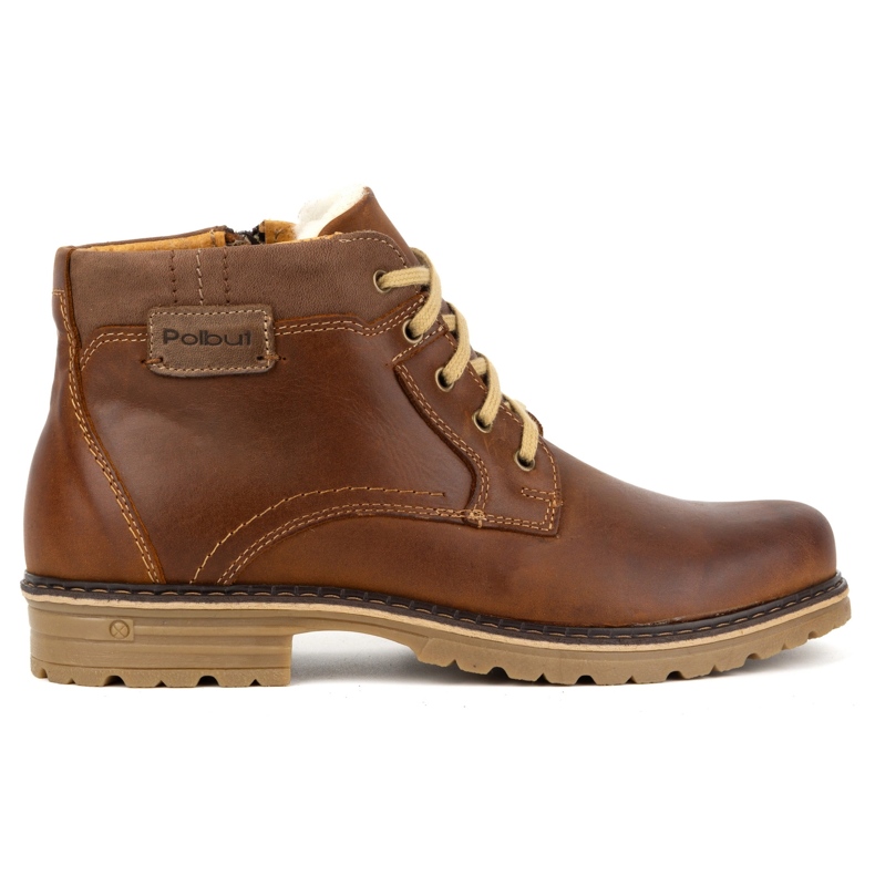 Polbut Sapatos masculinos de inverno, couro, botins com isolamento J35S, marrom camelo castanho