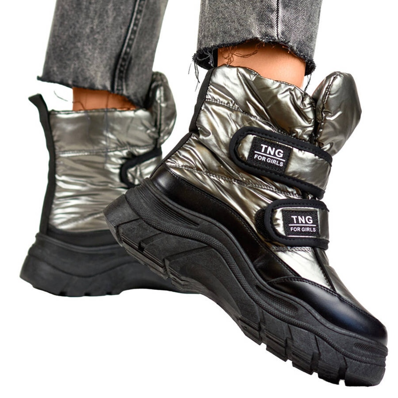 Botas de neve femininas, metálicas, botins prateados com velcro 22-PY16062SI preto Botas de neve femininas, metálicas, botins prateados com velcro 22-PY16062SI preto