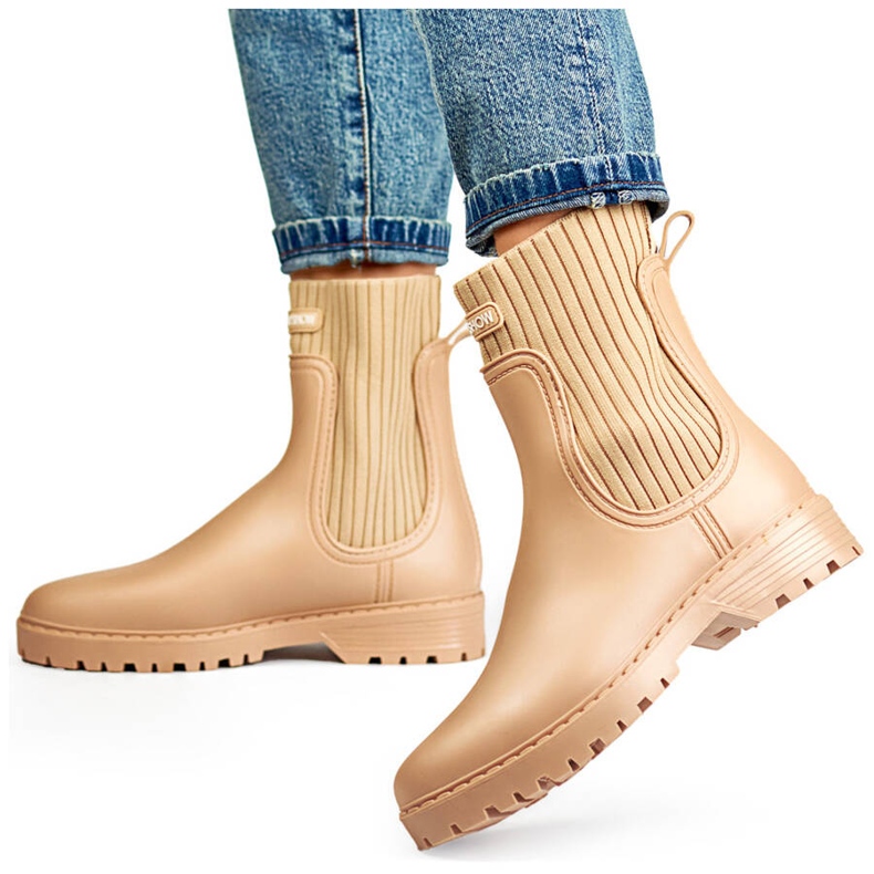 Botas Wellington femininas com cano elástico e meia, bege S23BE