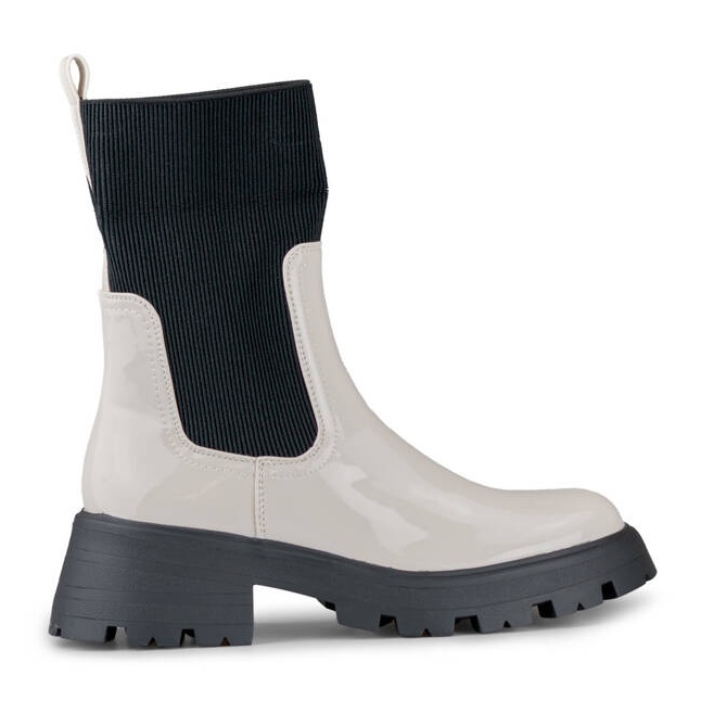 Botins femininos envernizados com cano elástico, bege DES925M-BE Botins femininos envernizados com cano elástico, bege DES925M-BE