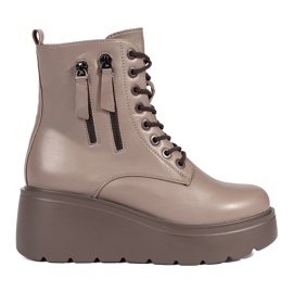 Goodin Botas femininas bege escuro com atacadores e zíperes decorativos