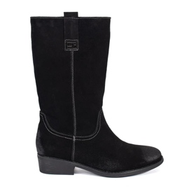 Botas cowboy femininas de couro preto com salto alto Sergio Leone