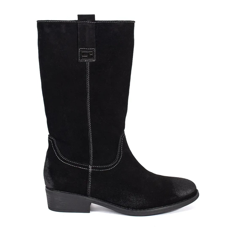 Botas cowboy femininas de couro preto com salto alto Sergio Leone