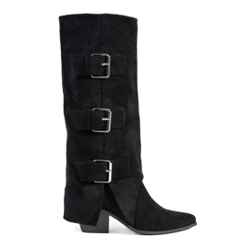 Seastar Botas femininas de camurça preta de salto alto com fivelas preto Seastar Botas femininas de camurça preta de salto alto com fivelas preto