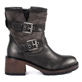 Botins femininos castanhos escuros metálicos de salto alto com fivelas marrom