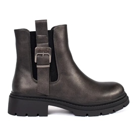 Botas Chelsea femininas castanhas escuras metálicas com fivela marrom