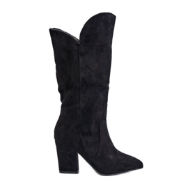Botas acima do joelho de salto alto em camurça ecológica, Preto Clorira