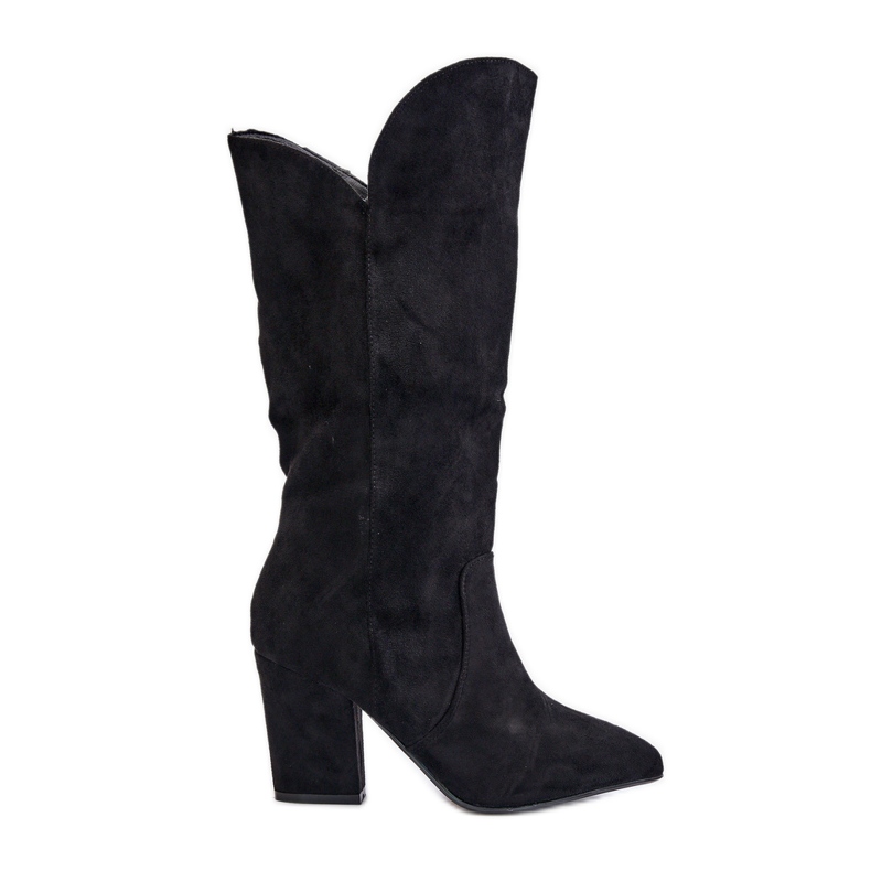 Botas acima do joelho de salto alto em camurça ecológica, Preto Clorira