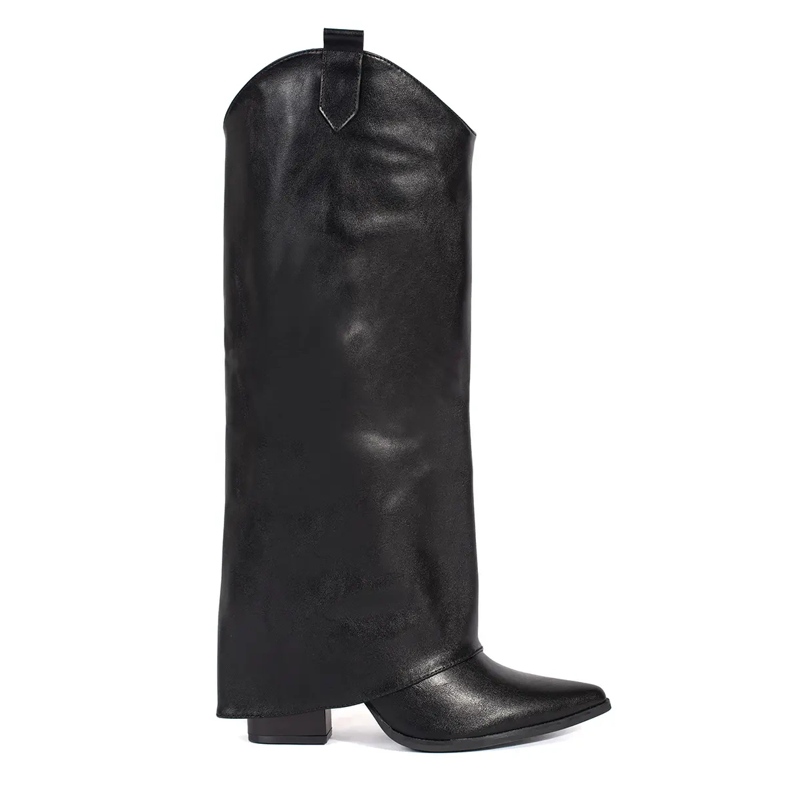 Botas femininas pretas estilo cowboy com salto alto preto