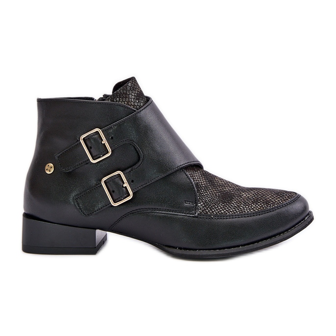 Botins de couro com salto baixo e fivelas Maciejka 06696-01 preto