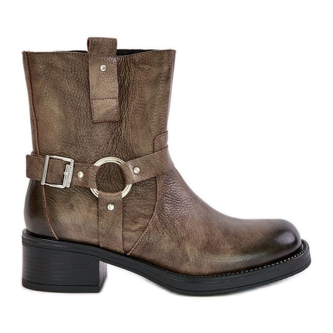 Zazoo 60480 Botas de couro com salto baixo quente marrom-cinza castanho