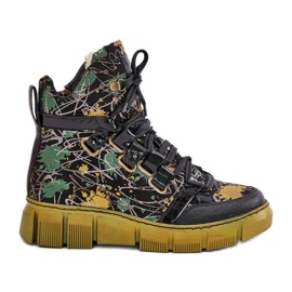 Botins de couro com cadarço plano Maciejka 06158-07 Amarelo e Preto dourado