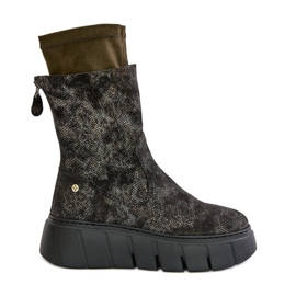 Botas femininas de couro com plataforma enorme Maciejka 06766-09 Cáqui verde