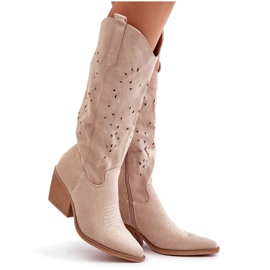Botas de cowboy acima do joelho com padrão vazado, Innathoria bege claro Botas de cowboy acima do joelho com padrão vazado, Innathoria bege claro