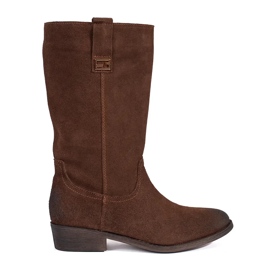 Botas cowboy femininas de couro marrom com salto alto Sergio Leone