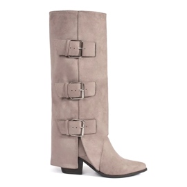 Seastar Botas femininas de camurça bege de salto alto com fivelas Seastar Botas femininas de camurça bege de salto alto com fivelas