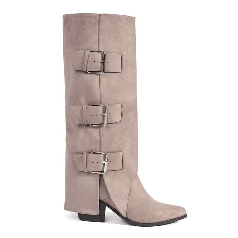 Seastar Botas femininas de camurça bege de salto alto com fivelas