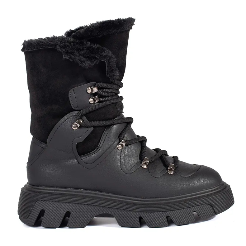 Seastar Botas de neve femininas negras com cadarço e pele na plataforma preto