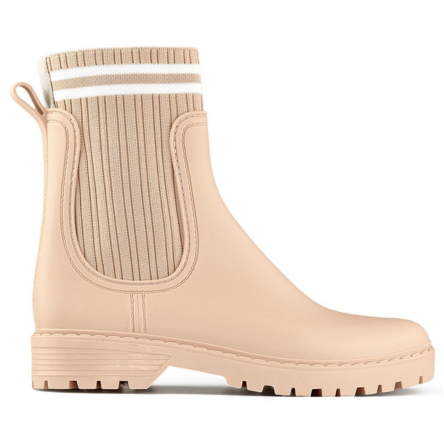 Botas Wellington femininas bege com parte superior em meia elástica