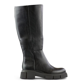Botas pretas de couro ecológico, botas até o joelho com sola grossa preto