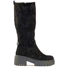 Botas femininas clássicas pretas com sola grossa, botas acima do joelho em camurça preto