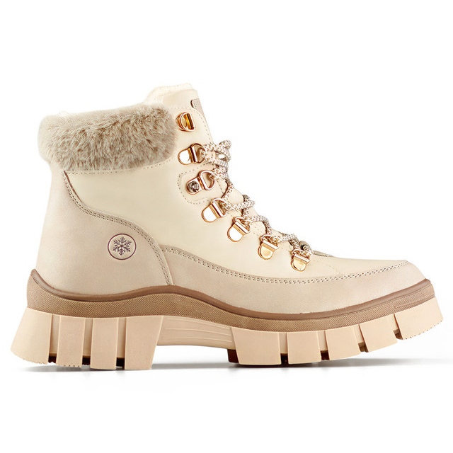 Botas femininas de inverno com isolamento bege e pele, botas com cordões