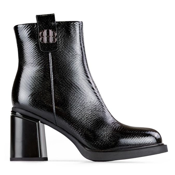 Botins femininos de couro envernizado de salto alto, sapatos de salto alto de couro com isolamento preto