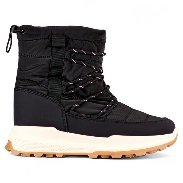 Botas esportivas pretas para neve, sapatos femininos de inverno com cadarço e isolamento com sola plana preto