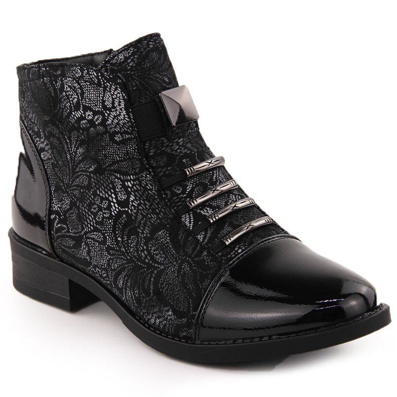 Botins femininos pretos com motivo floral prateado Sabatina DM24-08 Botins femininos pretos com motivo floral prateado Sabatina DM24-08