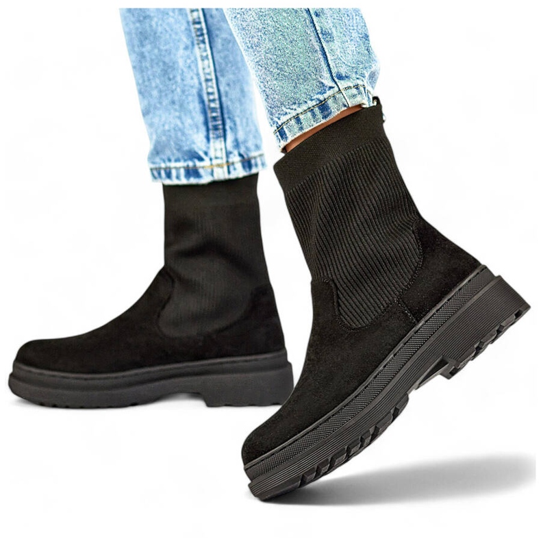 Botins femininos de camurça com cano em meia, pretos HB-175B