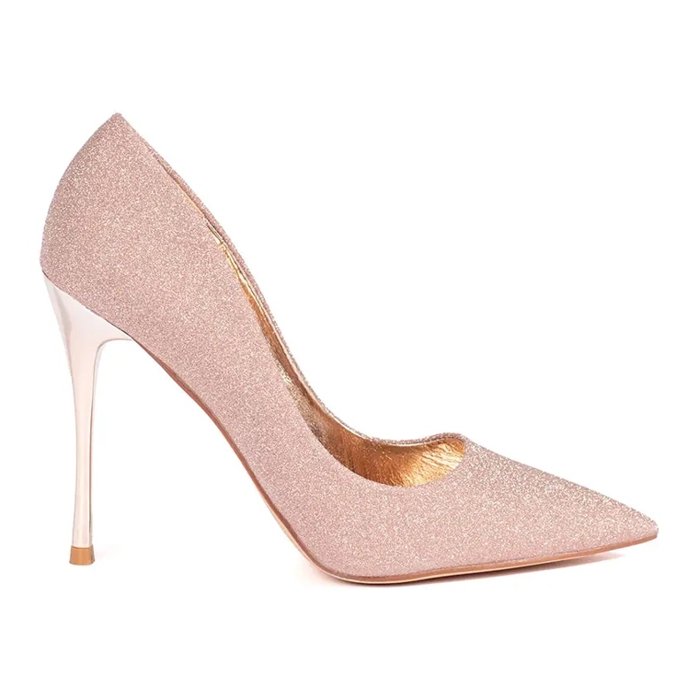 Seastar Sapatos de salto agulha rosa e dourado brilhantes para mulher com salto metálico