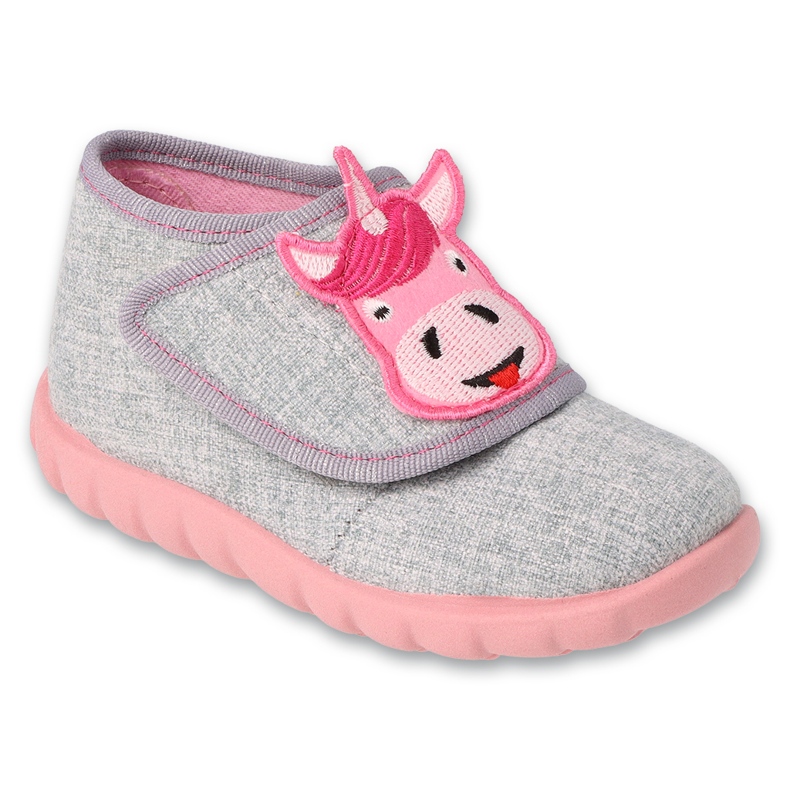 Chinelos infantis Befado com velcro 454P03, cinza com aplicação de unicórnio