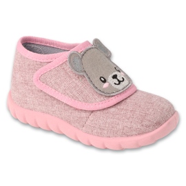 Chinelos infantis Befado com velcro 454P037 rosa com aplicação de ursinho de pelúcia