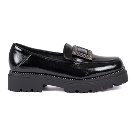 Goodin Mocassins femininos plataforma pretos decorados com fivela e strass