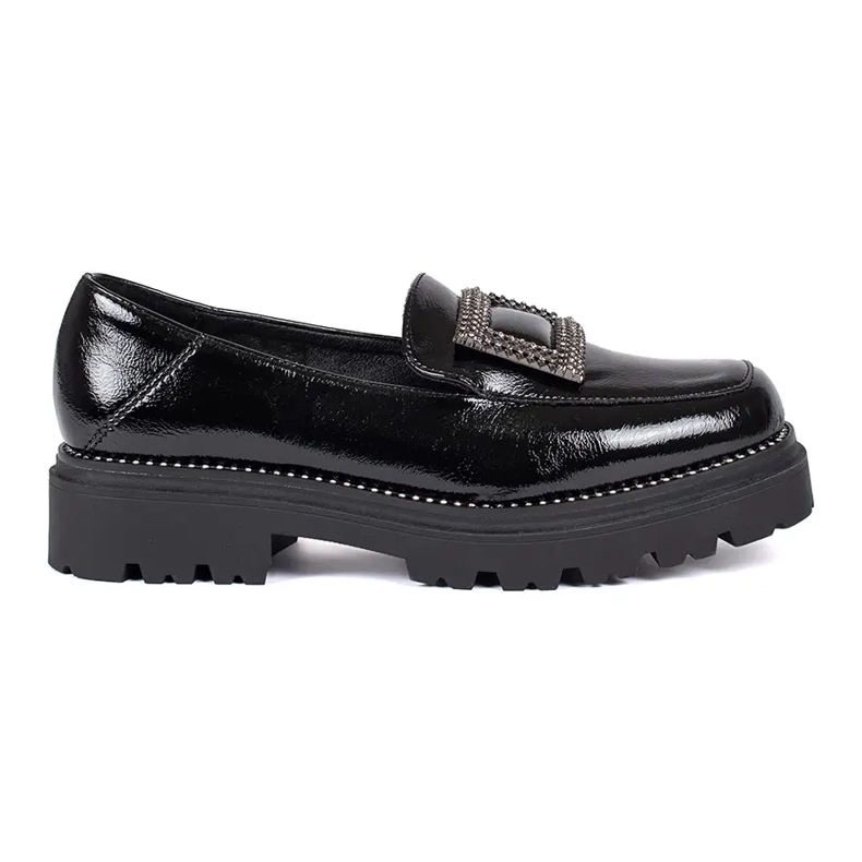 Goodin Mocassins femininos plataforma pretos decorados com fivela e strass