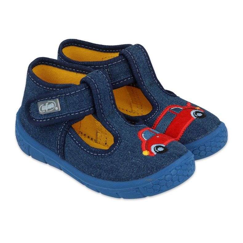 Chinelos infantis Befado com velcro 631P046, azul marinho, com aplicação de carro