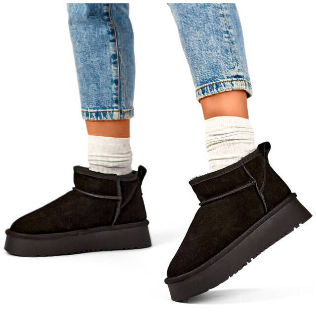 Botas femininas de couro em camurça para neve, pretas XF-159B preto