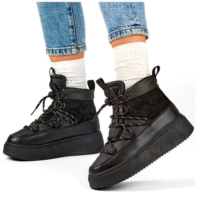 Botas femininas de neve com atacadores e sola grossa, pretas 24-72302B preto