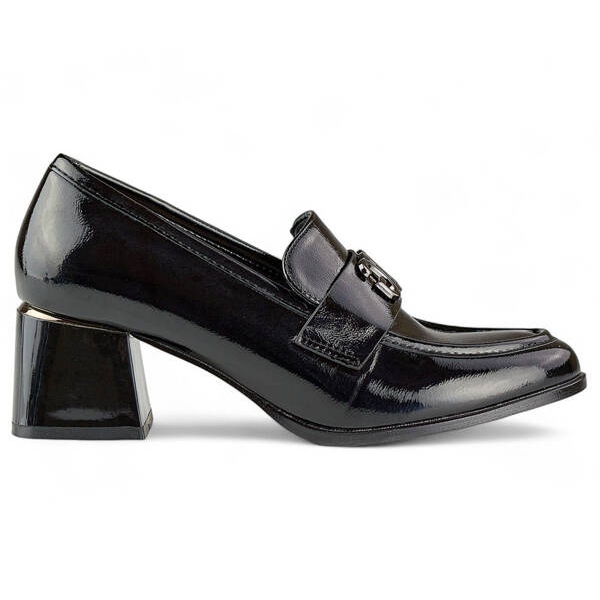Sapatos femininos de salto baixo, preto envernizado, GD-FL475B