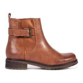 Botins femininos marrons com fivela e salto baixo marrom
