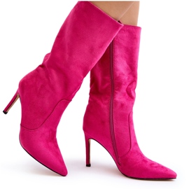 Joalice Botas femininas de camurça ecológica com salto médio na panturrilha fúcsia rosa