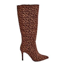 STEPHAN Botas isoladas marrons feitas de camurça ecológica com salto com estampa de oncinha castanho STEPHAN Botas isoladas marrons feitas de camurça ecológica com salto com estampa de oncinha castanho