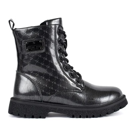 Botins pretos de couro envernizado com atacadores para menina