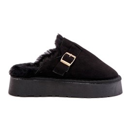 Chinelos femininos com sola grossa com pele e fivela, Black Linneola preto