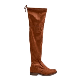 Botas acima do joelho de salto baixo feitas de camurça ecológica Camel Linnithia marrom