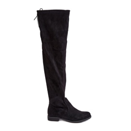 Botas acima do joelho de salto baixo feitas de camurça ecológica, Black Linnithia preto