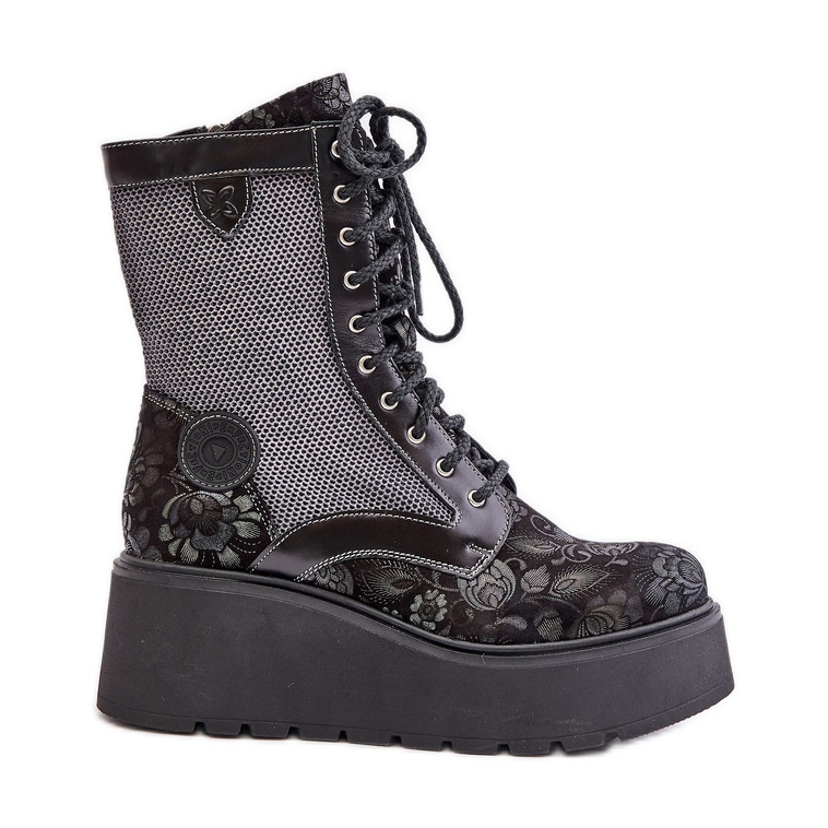 Botins de couro com plataforma e cunha com parte superior estampada Maciejka 06720-01 Preto