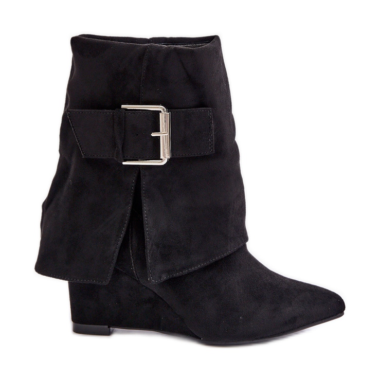 Botins de cunha com parte superior virada para cima e fivela, Eco Suede, Black Vortinia preto Botins de cunha com parte superior virada para cima e fivela, Eco Suede, Black Vortinia preto